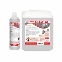 Two Arcora CLEATOR LIME REMOVERS FOR COMMERCIAL MACHINES from Arcora International GmbH: a 1-liter bottle and a 10-liter canister with a red-and-white label. Perfect for removing limescale in industrial applications.