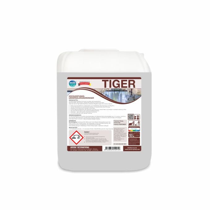 A white 10-liter plastic canister from Arcora International GmbH bears the inscription "TIGER," along with product details, hazard symbols, and cleaning instructions. It contains Arcora Tiger High-Performance All-Purpose Cleaner for a wide range of cleaning tasks.
