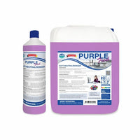 A 1-liter bottle and a 10-liter can of Arcora PURPLE FRESH SCENT-NEUTRAL CLEANER by Arcora International GmbH, a pH-neutral purple cleaner with blue, white, and red product labels.
