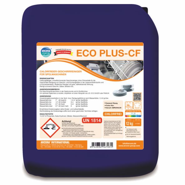 Ein blauer 12-kg-Behälter mit Arcora Eco Plus-Cf Chlorfreier Geschirrreiniger für Spülmaschinen von Arcora International GmbH, mit Produktdetails, Sicherheitssymbolen, Anweisungen und Bildern von blitzsauberem Geschirr auf dem Etikett.