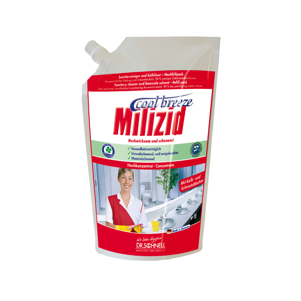 A 1-liter refill bag of Dr. Schnell Milizid Cool Breeze sanitary cleaner and lime remover from DR.SCHNELL GmbH & Co. KGaA, with a red label featuring product information, instructions, and a photo of a smiling person in uniform.