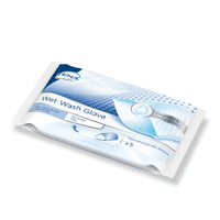 The TENA Wet Wash Glove, unscented (5 pieces), from TENA - Essity Germany GmbH is dermatologically tested for sensitive skin, ideal for daily cleansing, and comes in white-and-blue packaging with key product information.