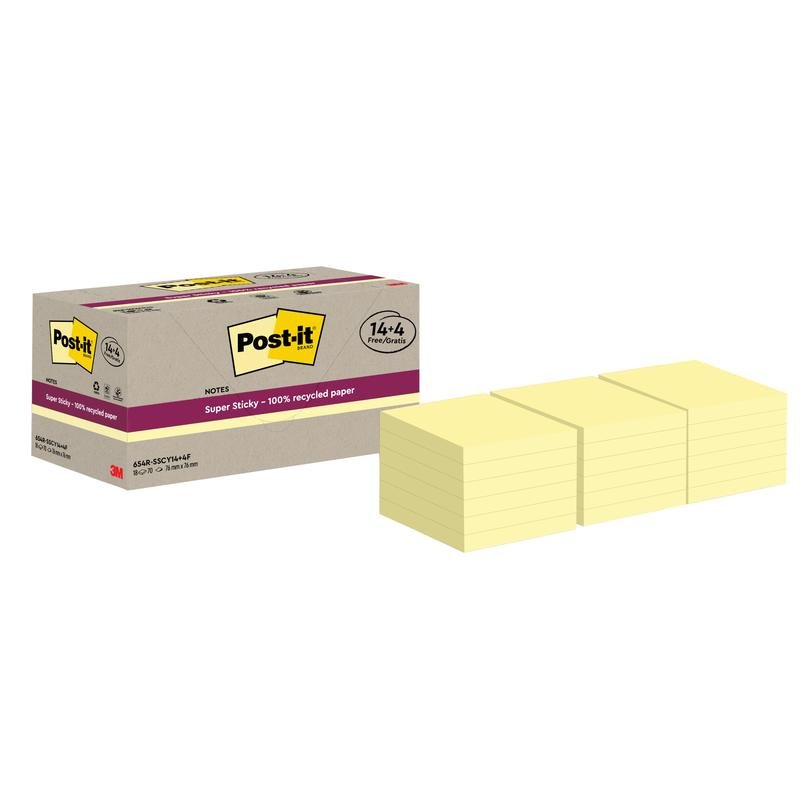 A box of 3M Post-it® Super Sticky 100% Recycling Notes (76x76mm, 70 sheets/block, 100% PEFC) is displayed next to twelve stacks of yellow notes, each stack containing several individual sticky notes.