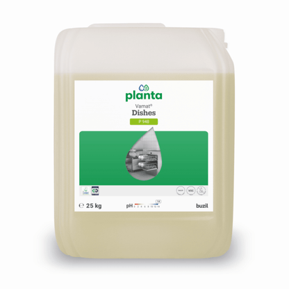 Ein 25-Liter-Kanister aus durchsichtigem Kunststoff mit Vamat® Geschirr P948 von BUZIL-WERK, einem ökologischen, alkalischen Flüssigglas- und Geschirrspülmittel für gewerbliche Maschinen, mit einem grün/weißen Etikett und einem Foto von Küchengeschirr auf der Vorderseite.