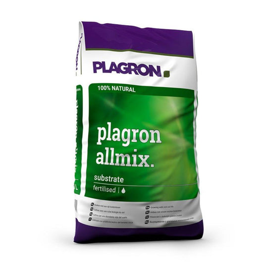 Der Plagron Allmix 50L von Bertels B.V. ist ein grün-violetter Beutel mit weißem „100% natürlich“-Schriftzug. Er ist mit organischer Vordüngung angereichert und verfügt über Wurmhumus-Symbole für verbessertes Pflanzenwachstum.