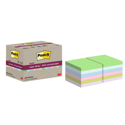 A box of Post-it® Super Sticky 100% Recycled Notes (76 mm x 76 mm, 70 sheets/block, 100% PEFC) by 3M Deutschland GmbH is pictured alongside green, blue, pink, yellow, and purple blocks. The packaging features the 3M logo.