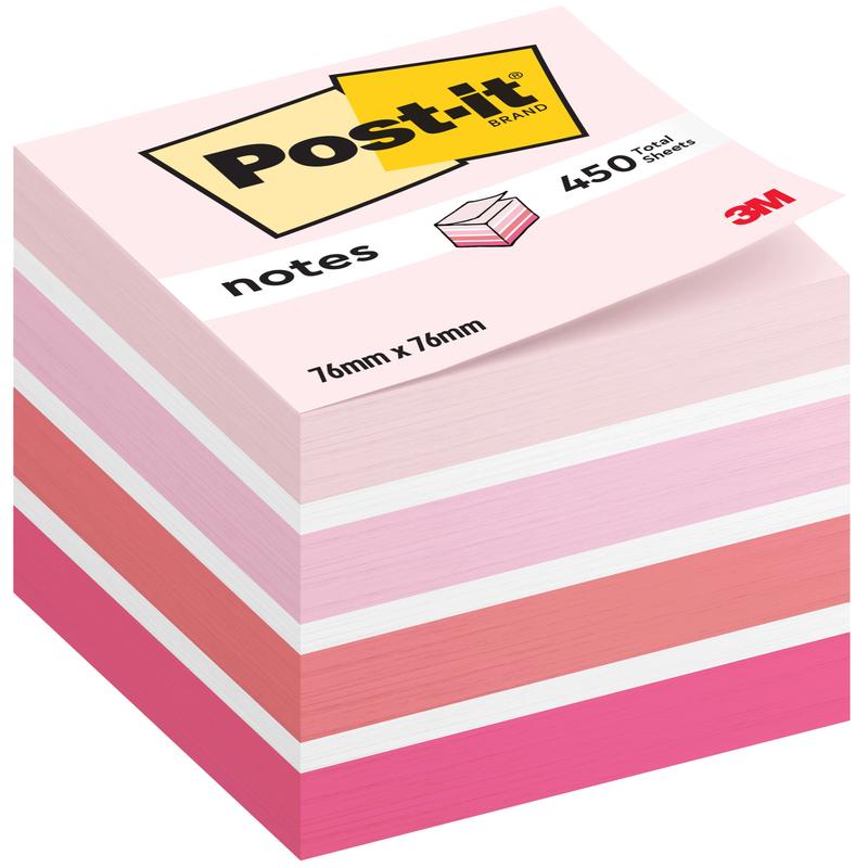 A stack of Post-it® Notes cubes, 76 mm x 76 mm, 450 sheets per block, from 3M Deutschland GmbH. In shades of pink, white, and peach; the packaging bears the "Post-it" logo and highlights the 100% PEFC certification.