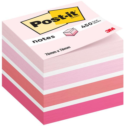 A stack of Post-it® Notes cubes, 76 mm x 76 mm, 450 sheets per block, from 3M Deutschland GmbH. In shades of pink, white, and peach; the packaging bears the "Post-it" logo and highlights the 100% PEFC certification.
