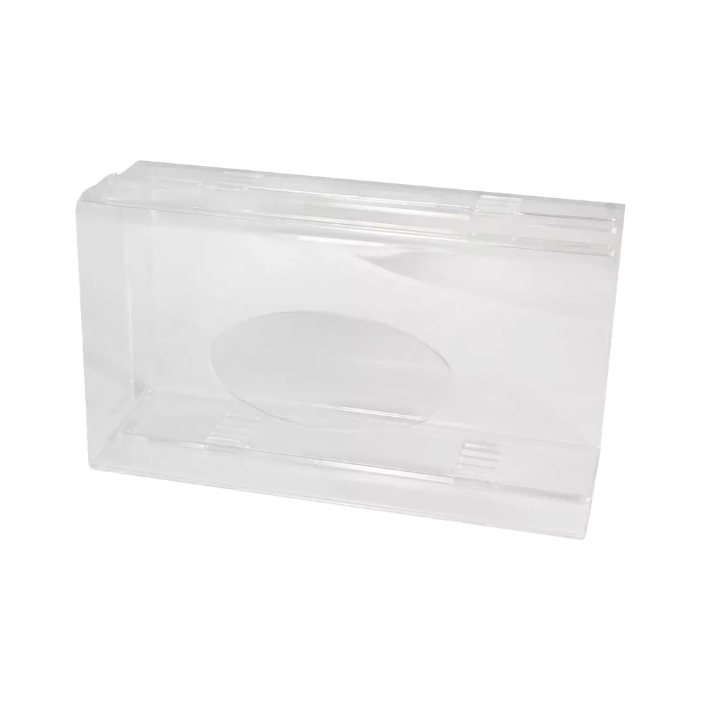 Ein transparenter, milchiger Acryl Einmalhandschuh Spender (250 x 135 x 55-90 mm) der AMPri Handelsgesellschaft mbH wird geschlossen und leer mit einem Klappdeckel vor einem schlichten weißen Hintergrund gezeigt, ideal für die organisierte Aufbewahrung von Handschuhen.