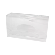 Ein transparenter, milchiger Acryl Einmalhandschuh Spender (250 x 135 x 55-90 mm) der AMPri Handelsgesellschaft mbH wird geschlossen und leer mit einem Klappdeckel vor einem schlichten weißen Hintergrund gezeigt, ideal für die organisierte Aufbewahrung von Handschuhen.