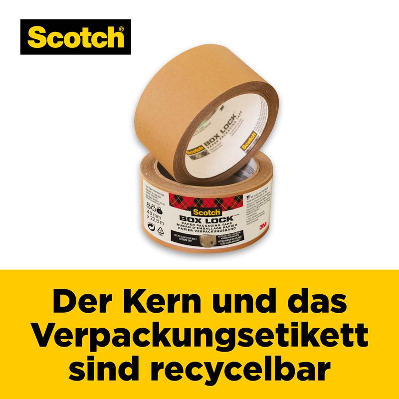 A roll of Scotch® Box Lock™ Paper Packaging Tape (48 mm x 22.8 m) from 3M Deutschland GmbH is depicted with a visible label. Text points out the recyclable core and packaging label. Yellow background, Scotch logo in the top left.