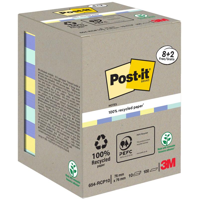Post-it® Recycling Notes by 3M Deutschland GmbH, size 76x76 mm, made from 100% PEFC-certified paper, promotional pack with 10 blocks of 100 sheets each. Box with recycling symbols and environmental certifications.