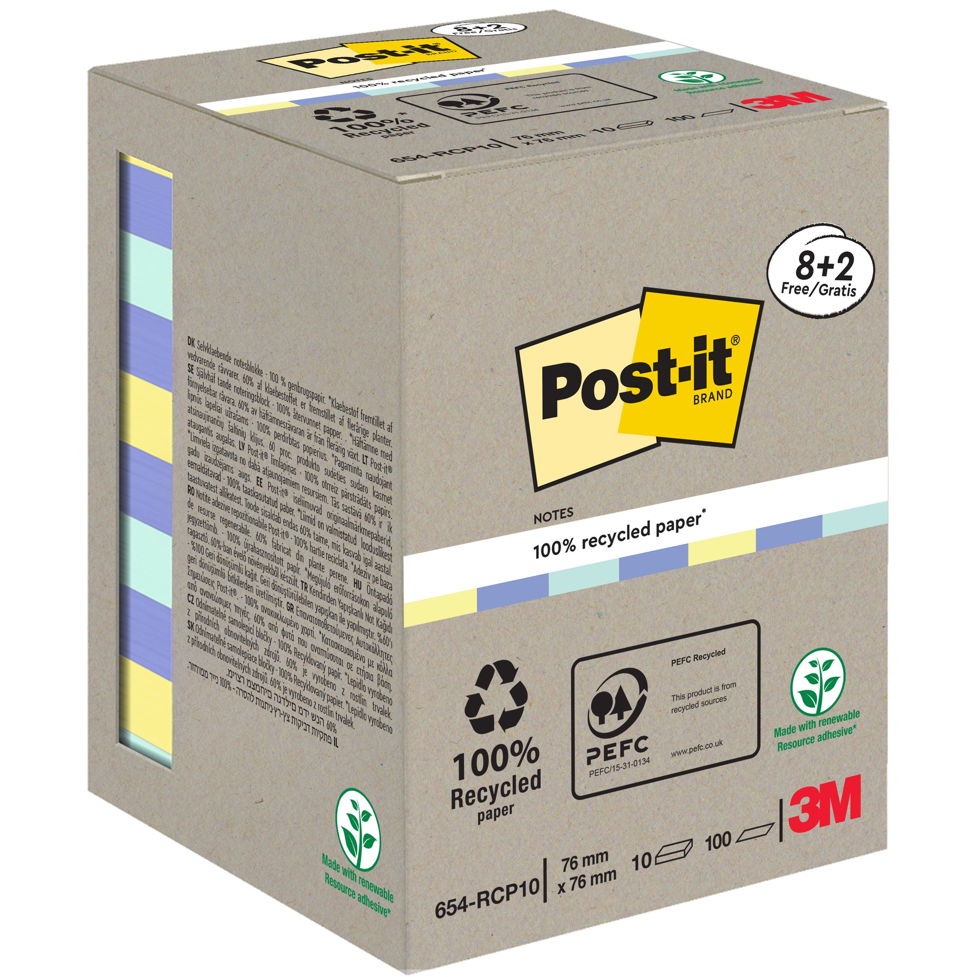 Post-it® Recycling Notes von 3M Deutschland GmbH, Größe 76x76 mm, aus 100% PEFC-zertifiziertem Papier, Aktionspackung mit 10 Blöcken à 100 Blatt. Box mit Recycling-Symbolen und Umweltzertifizierungen.