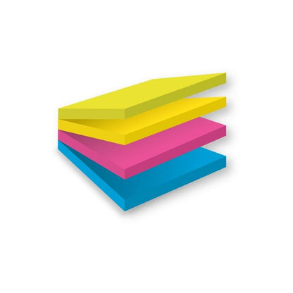 A stack of four 3M Post-it® Super Sticky Easy Select Cubes (76x76mm, 75 sheets/pad) in various colors, slightly fanned out on a white background. PEFC-certified. 4 pads per pack from 3M Deutschland GmbH.
