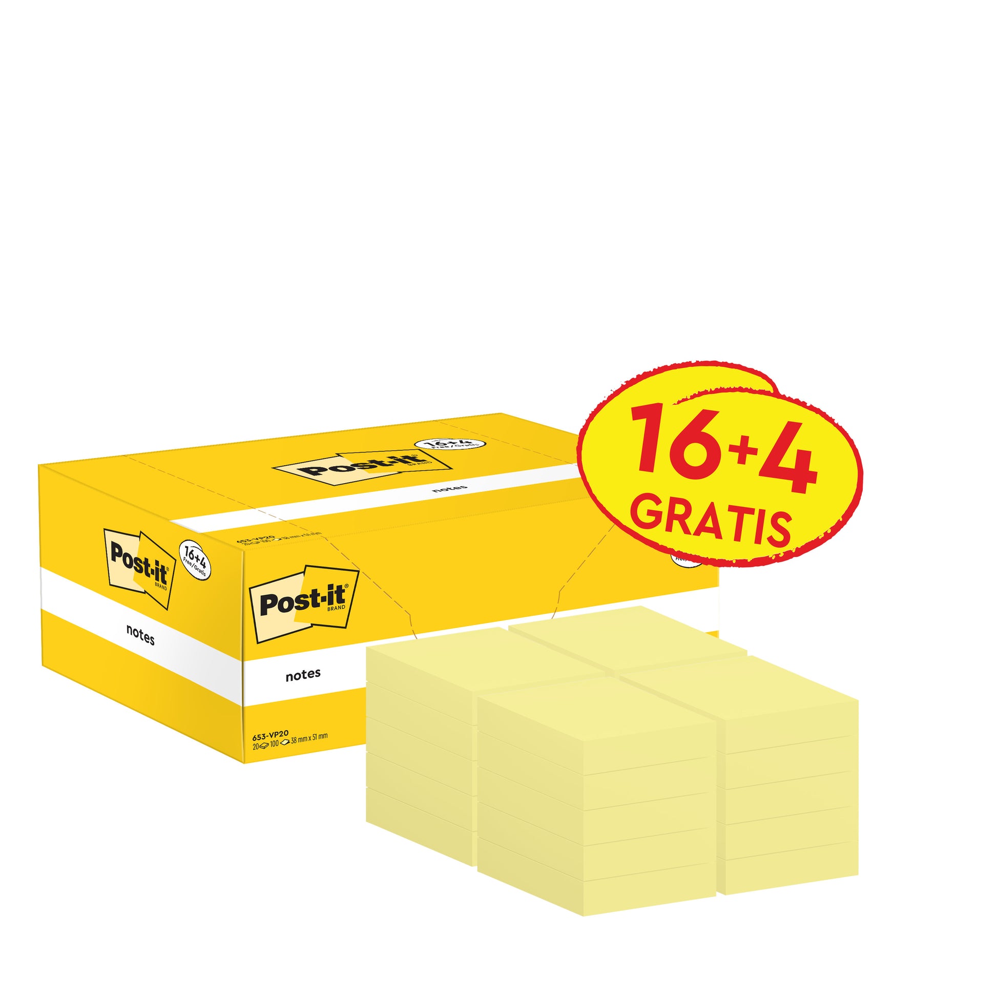 Eine 3M Post-it® Notes Packung, Gelb, 38x51 mm, enthält 16 Blöcke plus 4 Gratis (je 100 Blatt), 100% PEFC-zertifiziert. Vier gelbe Notizblöcke und die gelbe Box werden auf weißem Hintergrund präsentiert.