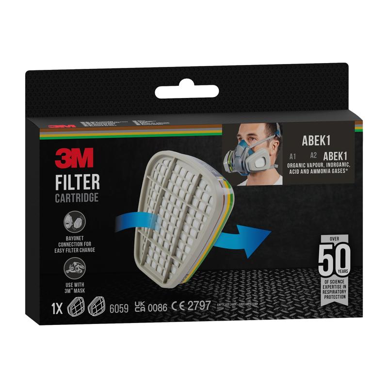 A black box of the 3M™ Filter Cartridge 6059, ABEK1 Combination Filter (1 Pair/Pack) from 3M Deutschland GmbH shows a white filter, person with respirator, mask compatibility, and protection against organic gases and vapors.