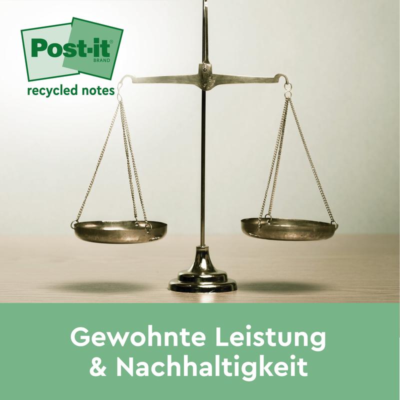A balanced scale on a table shows the logo of Post-it® Recycling Notes (76x76 mm, 100 sheets/block, 100% PEFC) from 3M Deutschland GmbH at the top left. Below is a German text: "Familiar performance & sustainability" on green.