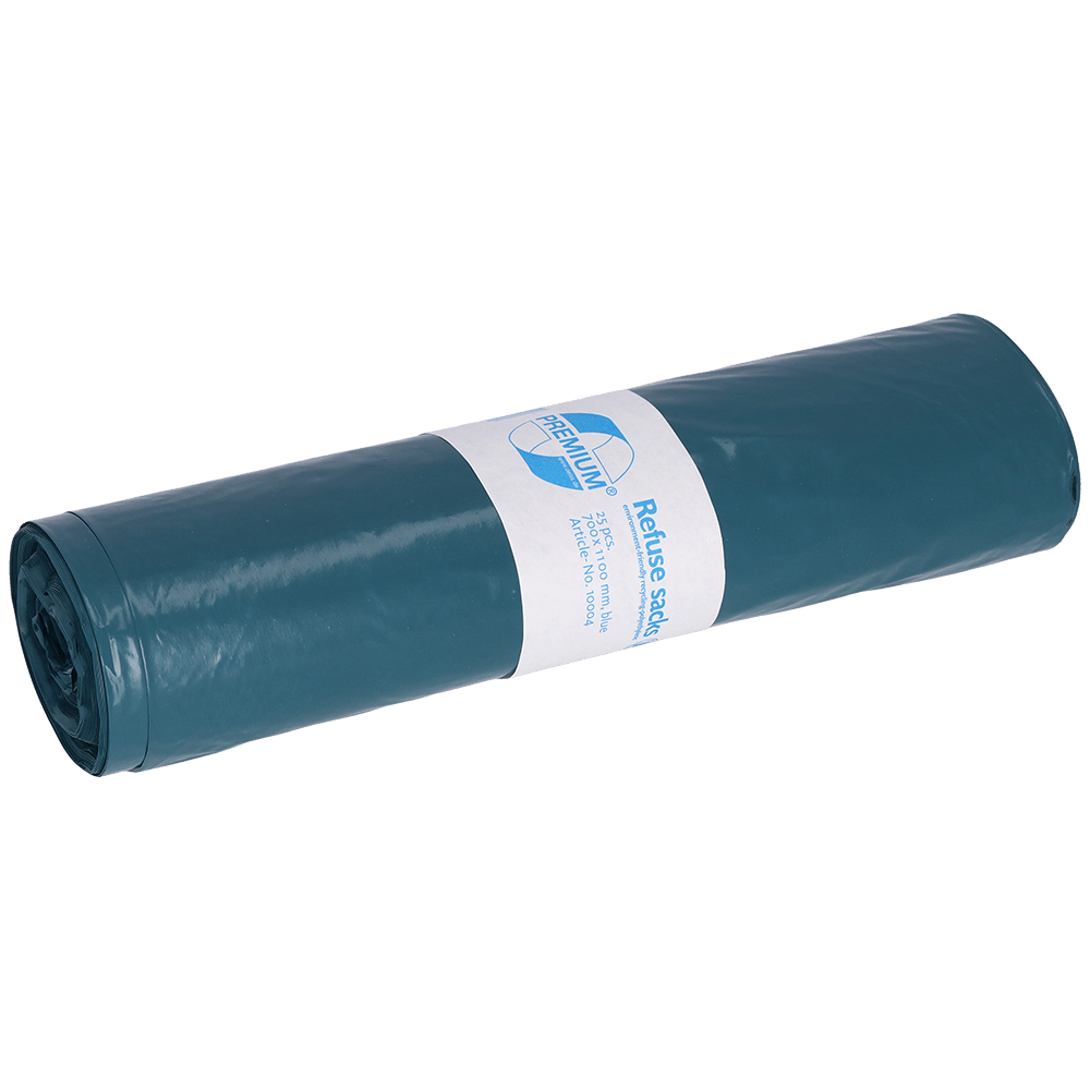 Eine Rolle blauer DEISS 10004 Müllsäcke, Typ 60 (700x1100 mm, 25 Stück) der EMIL DEISS KG (GmbH + Co.), mit weißem Etikett mit Produktinformation und einfacher Grafik, abgebildet auf einem schlichten weißen Hintergrund.