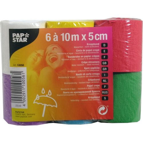 PAPSTAR Krepp-Bänder 10m x 5cm, farbig sortiert (6 Rollen: lila, gelb, orange, rot, grün, weiß), wasserfest. Ideal für Bastelarbeiten. Verpackung mit mehrsprachigem Text und kleinem Regenschirm-Symbol.