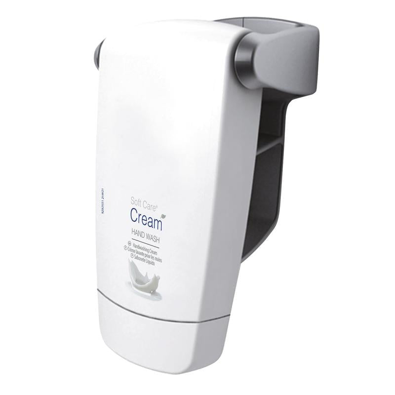 A white wall dispenser with the inscription "Soft Care Cream Hand Wash" by Diversey Deutschland GmbH & Co. OHG, with gray side walls and bottom outlet, ideal for gentle skin-friendly mild lotion for hand cleaning (250 ml bottle).
