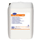 A white 20-liter plastic canister of Diversey Clax Mild color 33D1, enzymatic delicate detergent for all textiles, is equipped with a blue/orange label in multiple languages, a black handle, and a sealed lid. From Diversey Deutschland GmbH & Co. OHG.