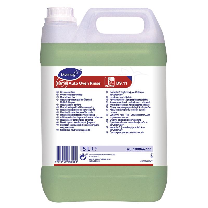 A 5-liter container Suma Auto Oven Rinse D9.11 from Diversey Deutschland GmbH & Co. OHG, rinse aid for automatic combi oven cleaning; Green liquid with a multilingual white label with information, instructions, and safety symbols.
