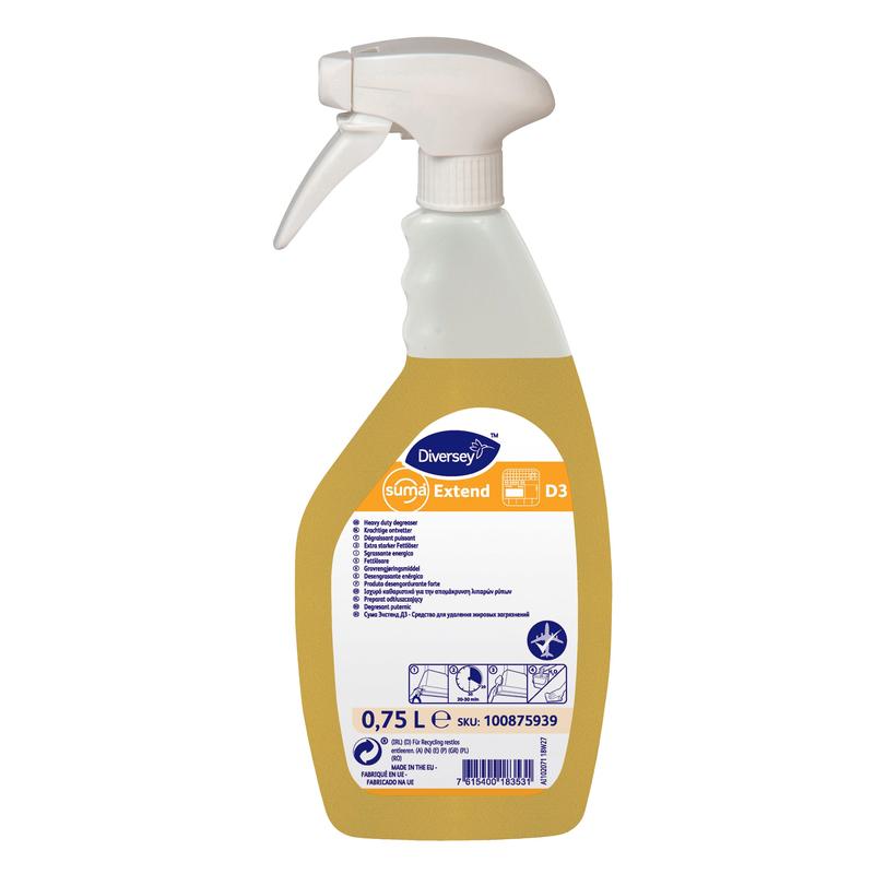 A 0.75-liter spray bottle of Diversey Suma Extend D3 degreaser, ready-to-use and aluminum-safe, from Diversey Deutschland GmbH & Co. OHG contains a yellow liquid and is equipped with a label featuring product information, instructions, and safety symbols.