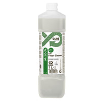 A 1-liter bottle of SURE Floor Cleaner, a floor cleaner manufactured by Diversey Deutschland GmbH & Co. OHG, has a white cap and a predominantly white label with green accents, eco-friendly symbols, and a note stating that it is plant-based and biodegradable.