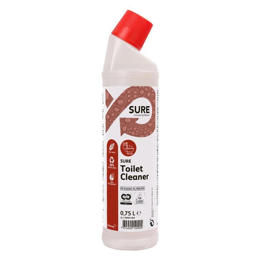Eine 0,75L weiße Kunststoffflasche SURE Toilet Cleaner, WC & Urinalreiniger der Diversey Deutschland GmbH & Co. OHG, mit rotem Winkelverschluss und rot-weißem Etikett, sorgt für eine effektive Reinigung von Toiletten und Urinalen.