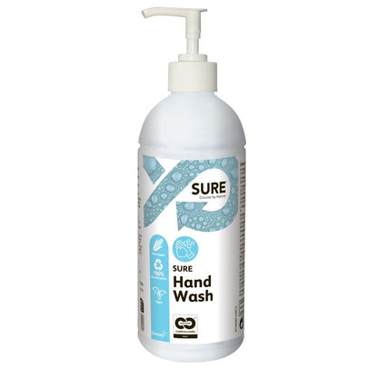 A white plastic pump bottle labeled "SURE Hand Wash, Hand Soap" from Diversey Deutschland GmbH & Co. OHG, with blue-white graphics and eco-symbols, contains environmentally friendly hand soap with natural ingredients and biodegradable cleaning effect.