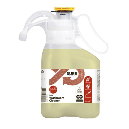 A plastic container with SURE Washroom Cleaner (sanitary cleaner) from Diversey Deutschland GmbH & Co. OHG features a handle, a yellow lid, environmental and certification symbols on the label, and contains a light yellow liquid.