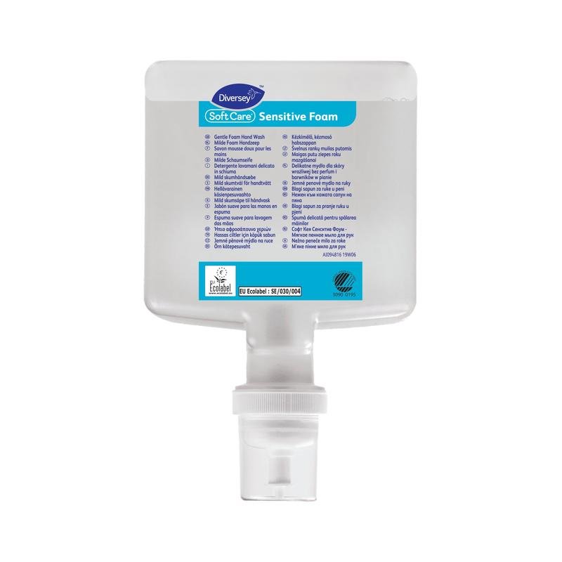 The Soft Care Sensitive Foam, fragrance-free foam soap for sensitive skin (cartridge 1300 ml) from Diversey Deutschland GmbH & Co. OHG is a rectangular dispenser with a bottom pump and multilingual instructions on the front.