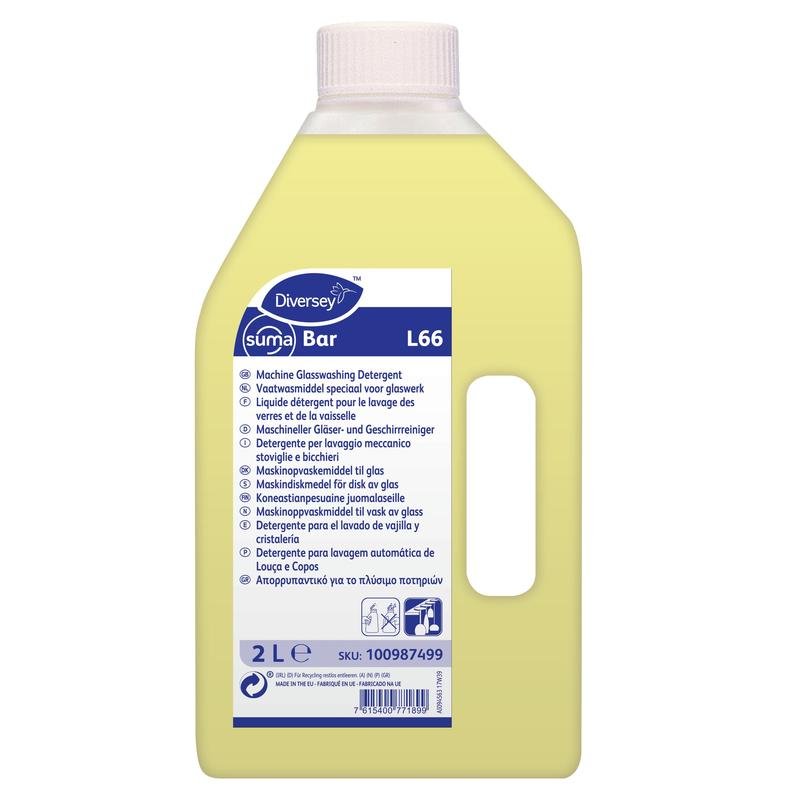 A 2-liter bottle of Suma Bar L66 special glass detergent from Diversey Deutschland GmbH & Co. OHG, ideal for the catering industry; yellow liquid with a multilingual label with product information and instructions.