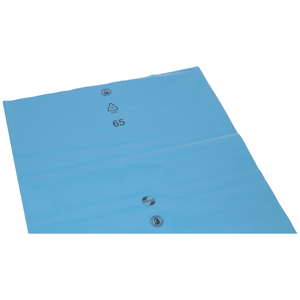 Die DEISS 10103 (700x1100x0,15 mm) von EMIL DEISS KG ist eine blaue, flache Kunststoff-Abfallentsorgungsfolie mit 3 Ventilöffnungen und schwarz aufgedruckten Symbolen (Recycling-Logo, "LDPE", "65"), ähnlich den blauen Müllsäcken. Verpackt in Kartons zu 50 Stück.