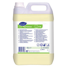 Ein 5-Liter-Kanister Diversey TASKI Tapi Extract Teppich-Sprühextraktionsreiniger mit O.N.T.-Technologie, Wollsiegel-zertifiziert, verfügt über einen Tragegriff und ein mehrsprachiges Etikett mit Produktangaben und Anweisungen.