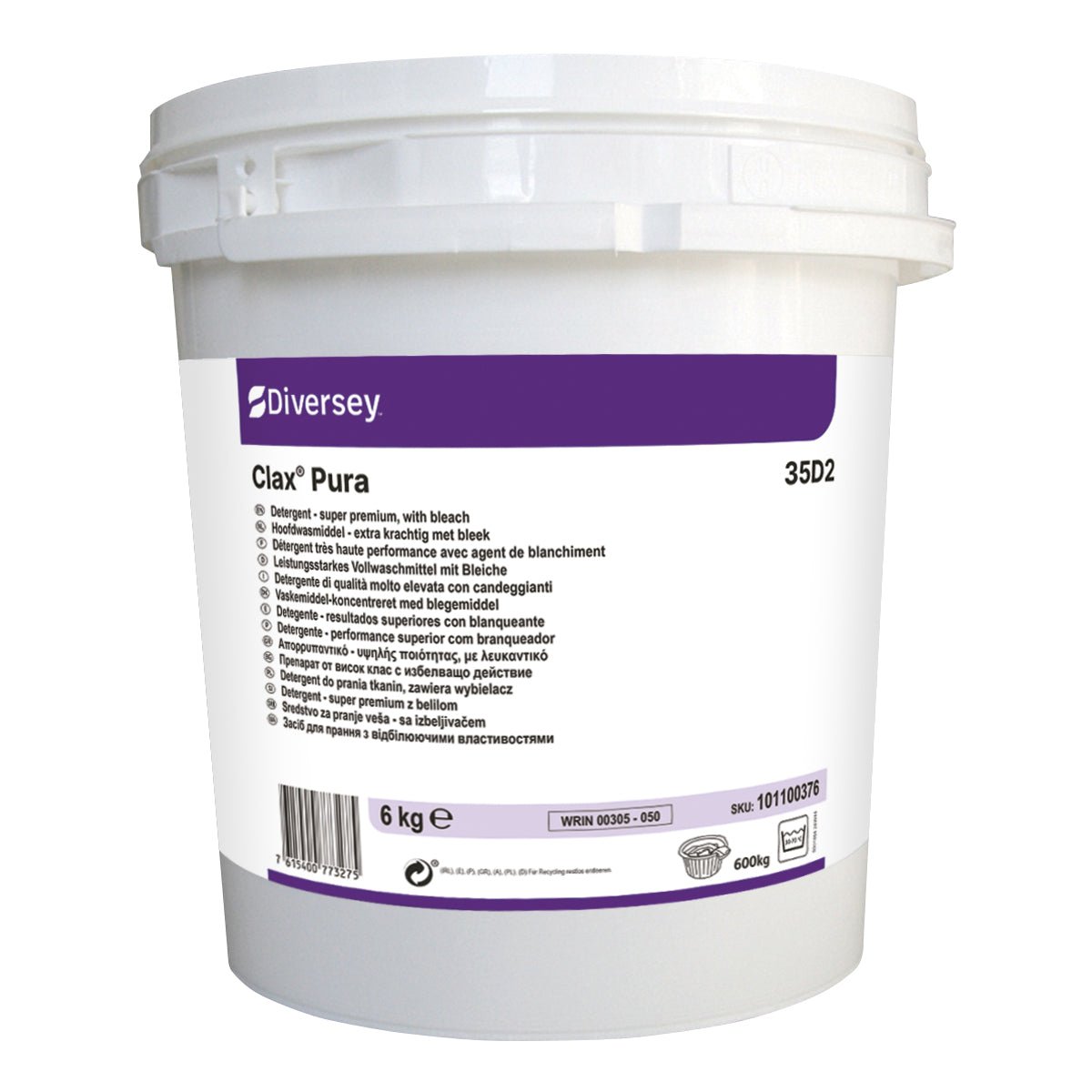 Ein weißer 6 kg Eimer von Diversey Deutschland Clax Pura 35D2 enzymatisches Vollwaschmittel mit Griff und Deckel, mit lila und weißem Etikett mit Branding, Produktdetails, Anweisungen und mehrsprachigem Text.