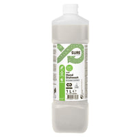 A 1-liter plastic bottle of SURE Hand Dishwash, a hand dishwashing detergent from Diversey Deutschland GmbH & Co. OHG, features a white cap and a white-and-green label that highlights its “environmentally friendly,” plant-based ingredients and effective grease removal.