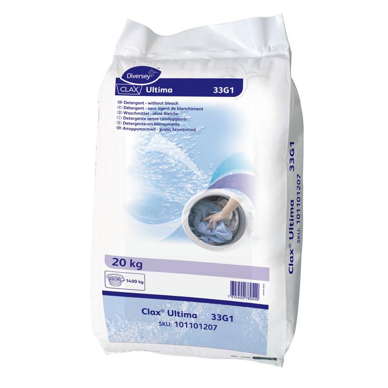 Ein 20 kg-Sack Clax Ultima 33G1, Enzymatisches Vor- und Buntwaschmittel von Diversey Deutschland GmbH & Co. OHG-Ideal für kommerzielle Wäschereien und effektive Fleckentfernung.