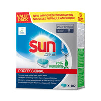 A package of Sun Professional All-in-1 Tabs for the dishwasher, manufactured by Diversey Deutschland GmbH & Co. OHG, contains 102 tablets, consists of 70% natural ingredients, and features an improved formula—all of which is clearly stated on the packaging.