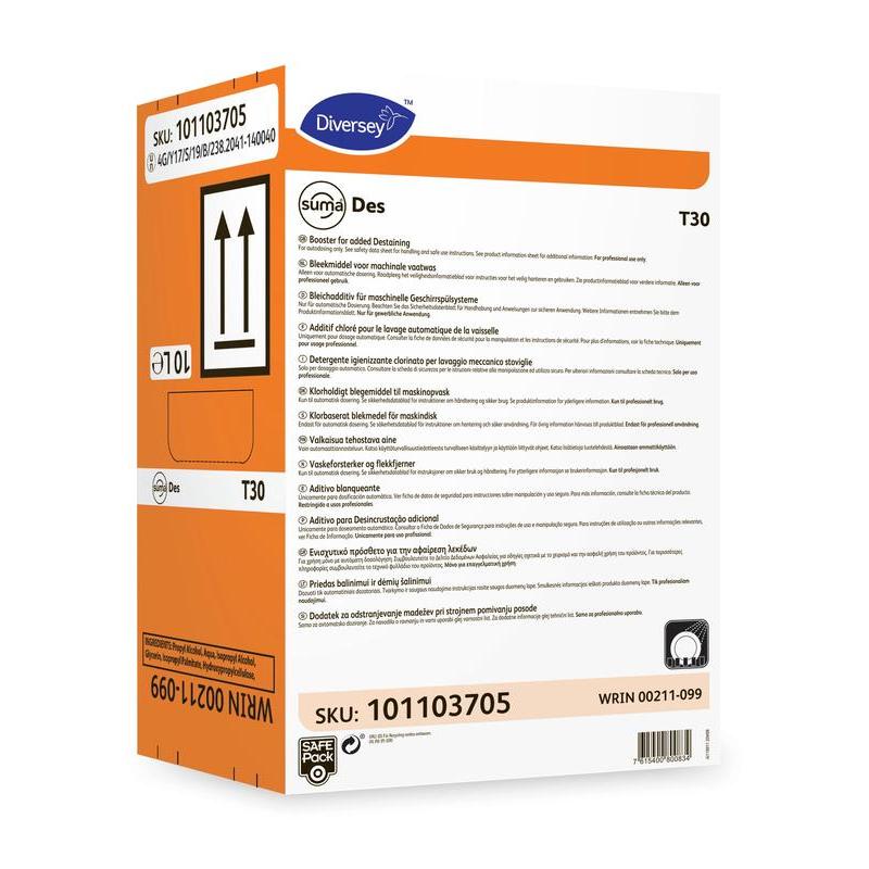 Eine rechteckige Schachtel Diversey Suma Des T30, Bleichkomponente von Diversey Deutschland GmbH & Co. OHG ist überwiegend weiß mit orangefarbenen und blauen Akzenten, mehrsprachigen Anweisungen sowie Gefahren- und Versandsymbolen auf der Vorderseite.