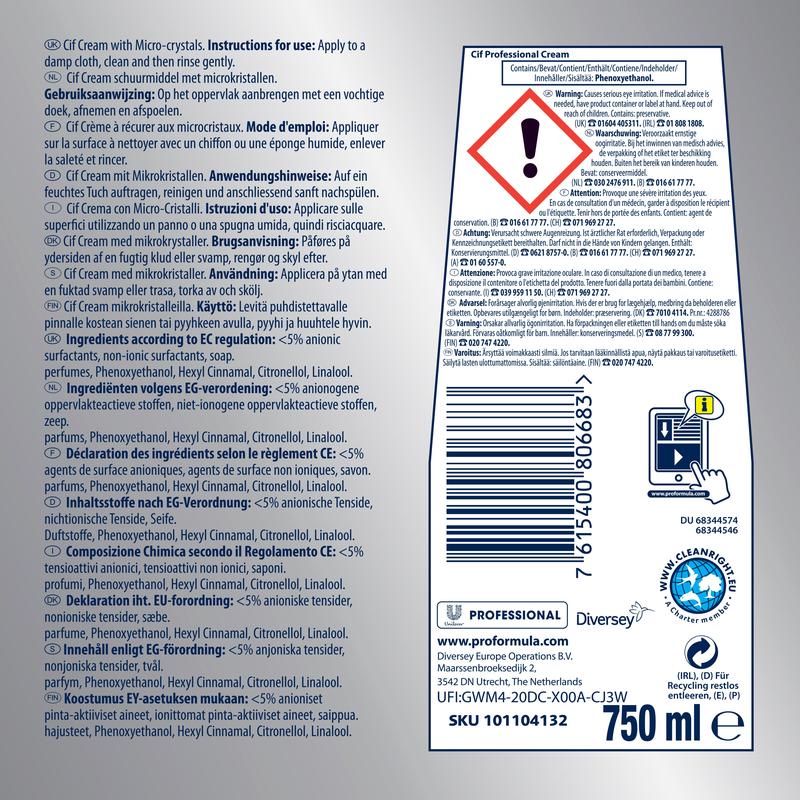 Etikett für Professional Scheuermilch von Diversey Deutschland GmbH & Co. OHG mit mehrsprachiger Anleitung, Zutaten, Barcode, Recyclingsymbolen, Logos, Aktivbleiche-Formel und 750 ml Volumen auf weiß-blauem Hintergrund.