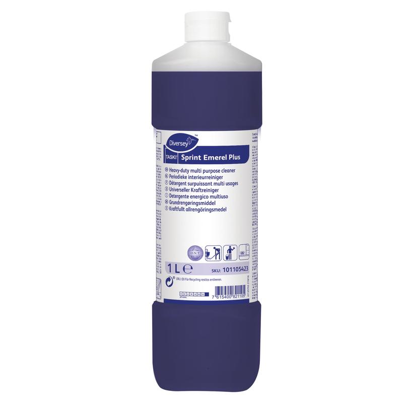 A 1-liter bottle of TASKI Sprint Emerel Plus, a universal solvent-based heavy-duty cleaner from Diversey Deutschland GmbH & Co. OHG, with a white cap and a blue label with multilingual product information and instructions.