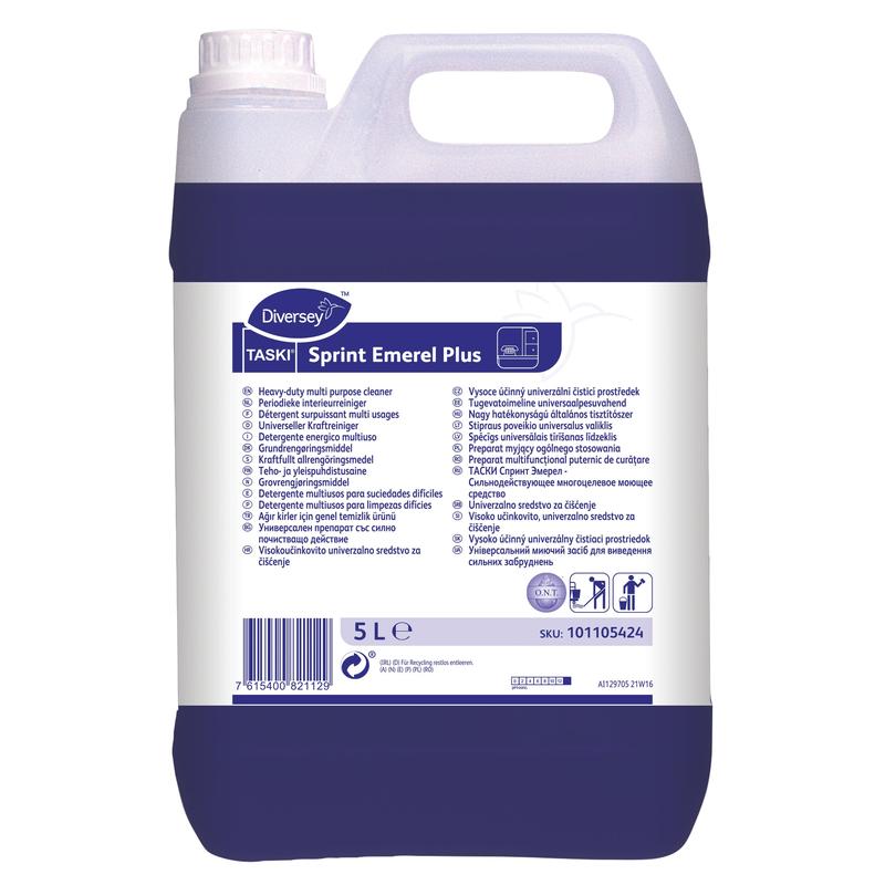 A 5-liter container of Diversey Deutschland GmbH & Co. OHG TASKI Sprint Emerel Plus, universal solvent-based heavy-duty cleaner, with purple liquid and a label with instructions, product information, and a barcode.