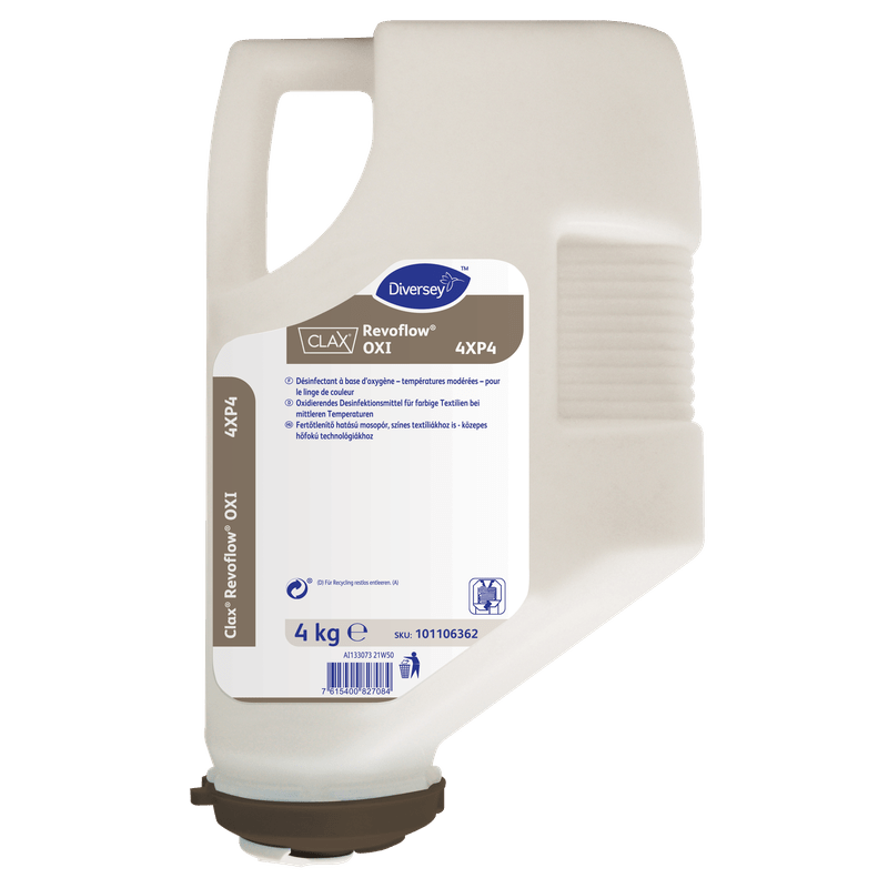 A beige 4-kg plastic container of Clax Revoflow OXI 4XP4* powdered bleach and disinfectant from Diversey Deutschland GmbH & Co. OHG—effective even at low temperatures, RKI-listed for use at 60°C, ideal for professional laundries.