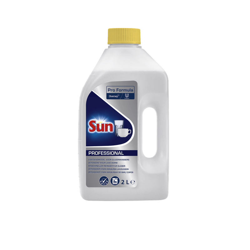 A 2-liter plastic bottle of SUN Professional machine cleaner for glasses by Diversey Deutschland GmbH & Co. OHG - ideal for glass and bar dishwashers, ensures sparkling clean glasses.