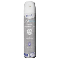 A tall, cylindrical 300 ml aerosol can of Diversey Good Sense Shea & Sandalwood Room Spray, Air Freshener, and Odor Neutralizer by Diversey Deutschland GmbH & Co. OHG, predominantly white and gray, with text, symbols, and a spray nozzle on the top.