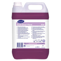 A 5-liter can of Good Sense Floral by Diversey Deutschland GmbH & Co. OHG, a heavily scented all-purpose cleaner featuring O.N.T. technology, is a 5-liter can from Diversey Deutschland GmbH OHG with product information and instructions for use on a white-and-purple label.