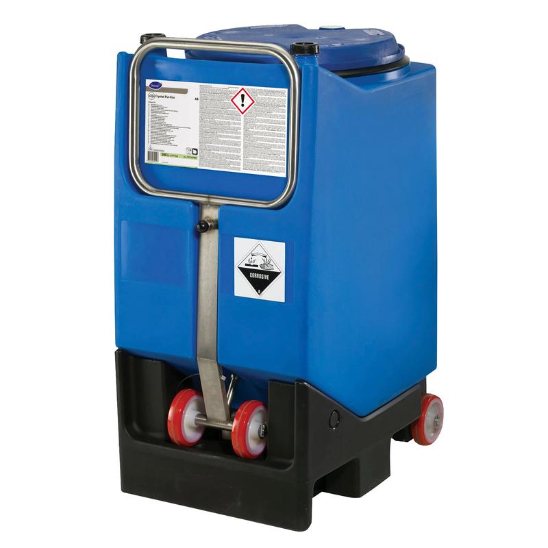 A large blue container on wheels with a metal handle and a 'Corrosive' symbol, designed for transporting Suma Crystal Pur-Eco A8, an eco-friendlier rinse aid from Diversey Deutschland GmbH & Co. OHG for effective cleaning.