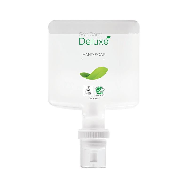 A 1300 ml cartridge made of clear plastic with Soft Care Deluxe hand soap from Diversey Deutschland GmbH & Co. OHG, featuring green leaf graphics, eco-label, and a white dispenser closure at the bottom.