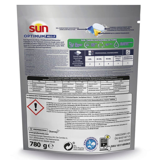 Auf der Rückseite einer Sun Professional Optimum All in One Spülmaschinenkapseln (52 Tabs, 780g) von Diversey finden Sie Informationen zur Verwendung und Sicherheit, eine Dosierungsanleitung, Inhaltsstoffe, Angaben zum Recycling, Produktcodes und Unternehmensinformationen für Ihre Spülmaschine.